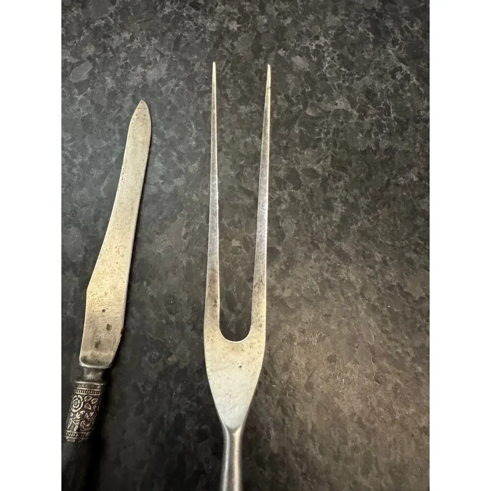 Antique Stag Handle Carving Knife & Fork Set Silver Ferrule Victorian Era